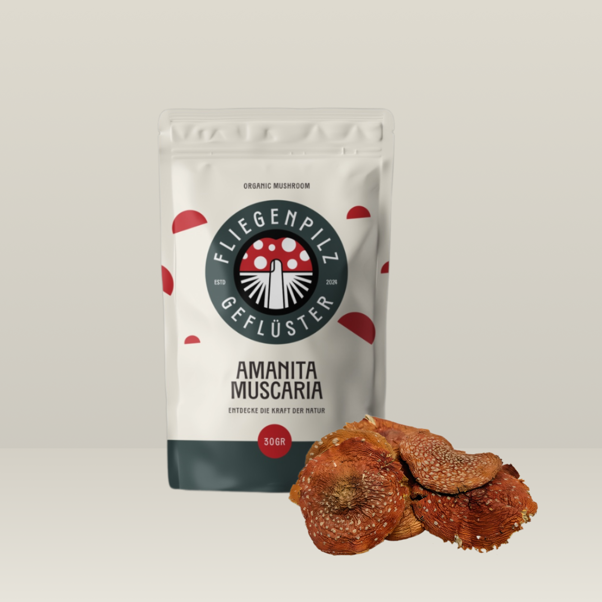 Getrocknete Fliegenpilz-Hüte (Amanita Muscaria) in hochwertiger Qualität, sorgfältig verarbeitet und handverlesen.