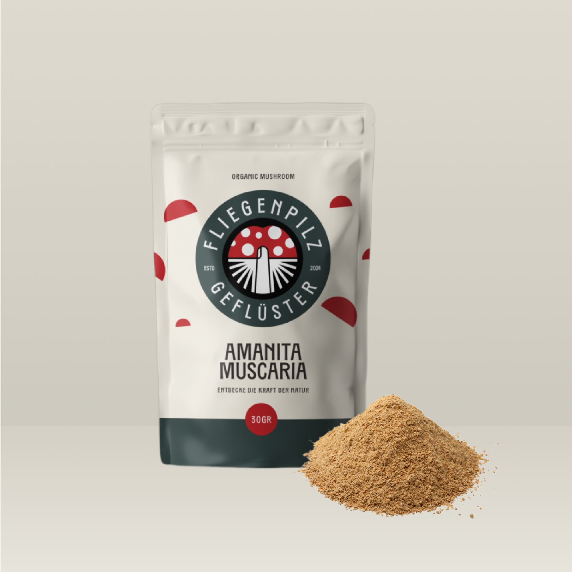 Hochwertiges Amanita Muscaria Fliegenpilzpulver, fein gemahlen für eine exakte Dosierung und vielseitige Anwendung.